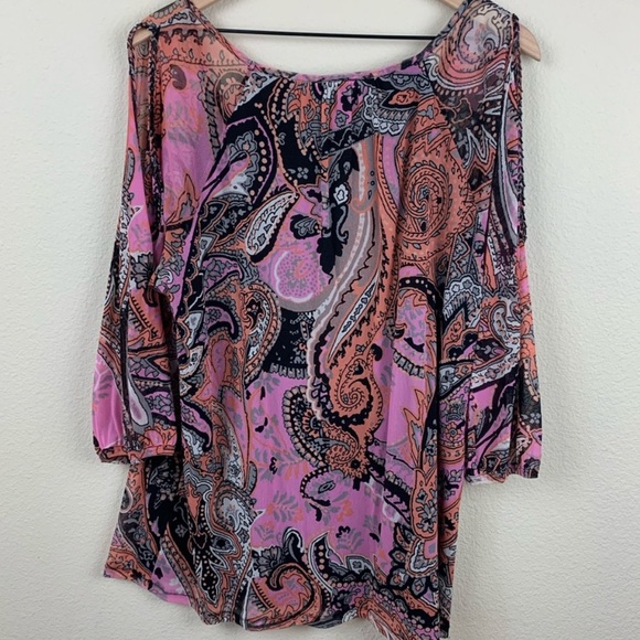 INC international concepts pink black paisley beaded cold shoulder blouse 1X - Picture 3 of 7